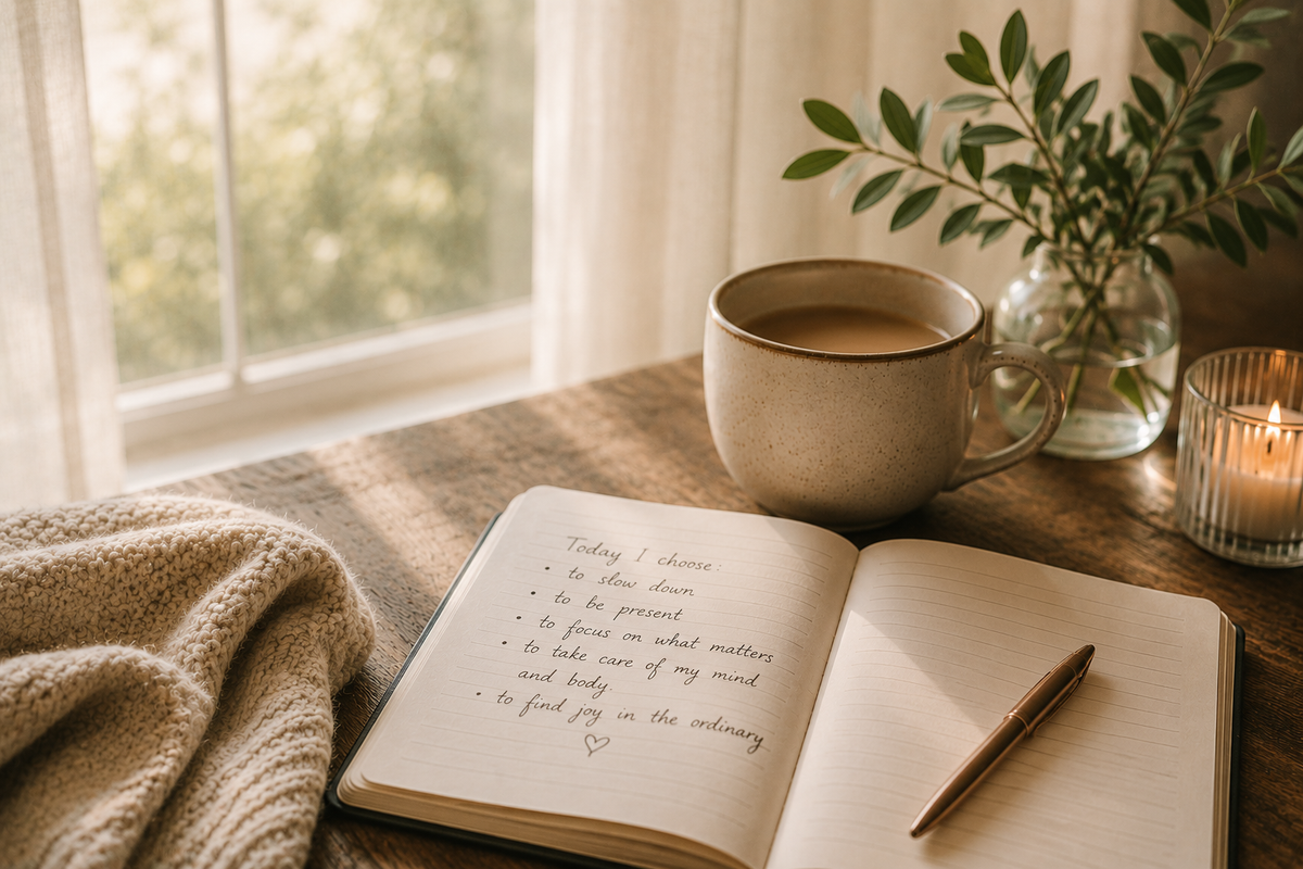 Open notebook beside a weekly calendar and cup of tea, representing the experience of moving through life on autopilot.