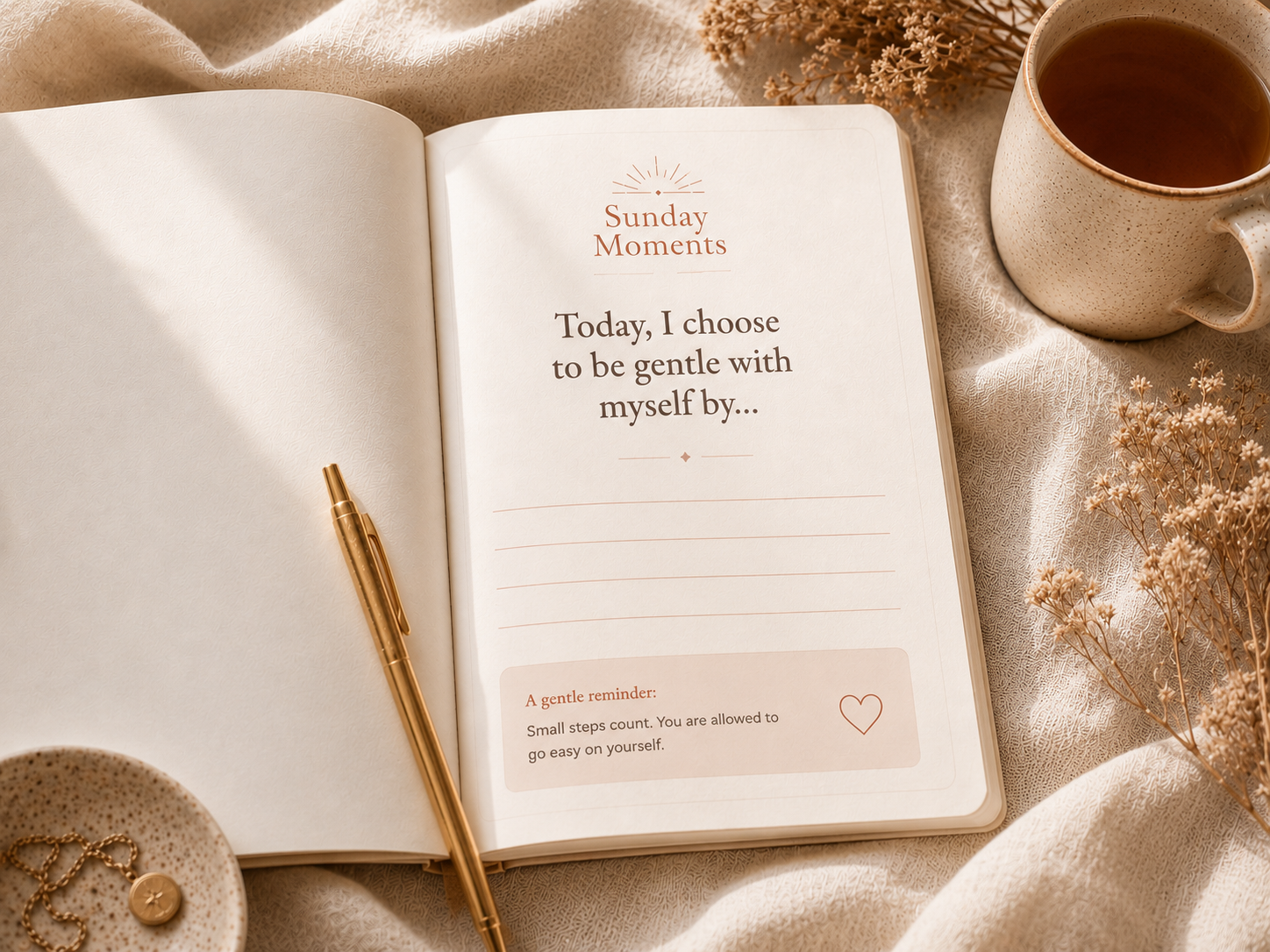 The Sunday Moments journal open beside a pen